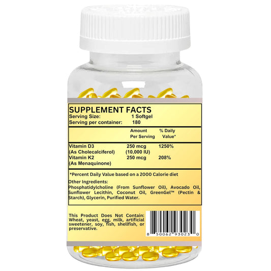 Nikoni Liposomal Vitamin D3 10000 IU, Vitamin K2 250 mcg, Vegan Softgels Supports Bone Health