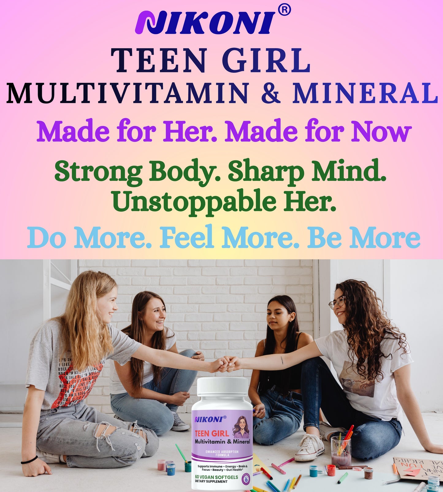 Nikoni® Teen Girl Multivitamin & Mineral -Enhanced Absorption Formula – 60 Vegan Softgels