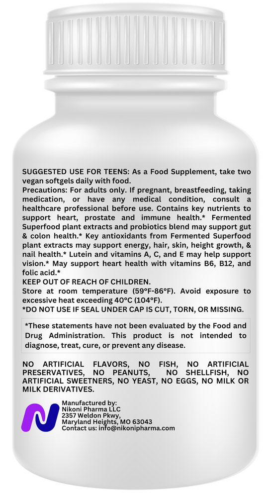 Nikoni Teen Boys Fermented Multivitamin and Mineral Vegan Softgels for Better Absorption 60 Count