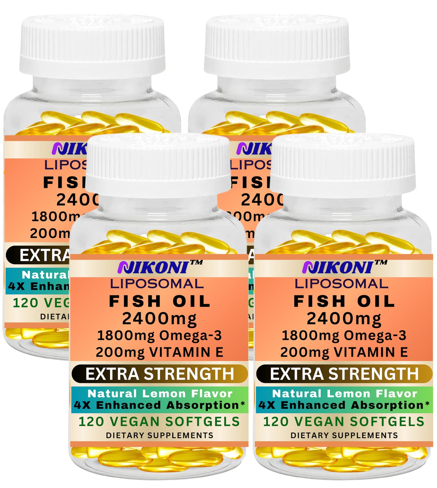 Nikoni Liposomal Lemon Flavored Fish Oil 2400 mg with 200 mg of Vitamin E Vegan Softgels