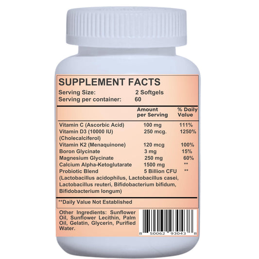 Liposomal Calcium AKG 1500mg, Vitamin C, D3, K2, Mg+ & Probiotics Soft gels