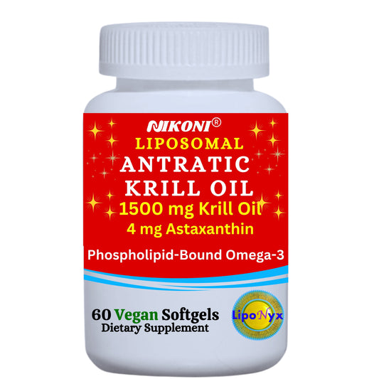 Nikoni Liposomal Antarctic Krill Oil 1500 mg, 4 mg Astaxanthin, Phospholipid Bound Omega 3, 60 Vegan Softgels