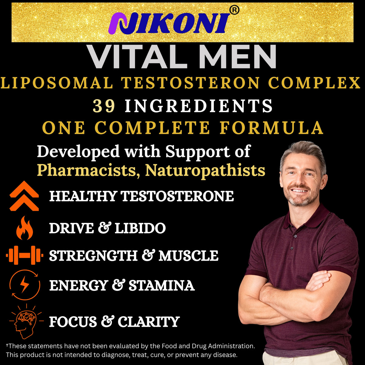 NIKONI Vital Men – Liposomal Testosterone Complex | Healthy Testosterone, Drive & Libido, Energy, Stamina, Focus | 90 Vegan Capsules