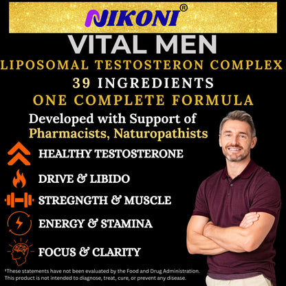 NIKONI Vital Men – Liposomal Testosterone Complex | Healthy Testosterone, Drive & Libido, Energy, Stamina, Focus | 90 Vegan Capsules