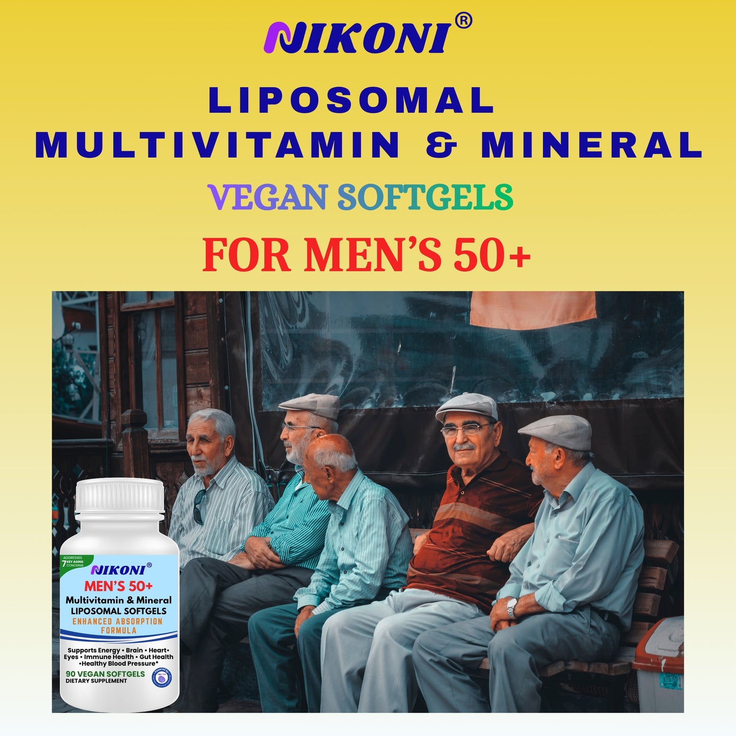 Nikoni Men's 50+ Liposomal Multivitamin and Mineral Vegan Softgels for Enhanced Absorption 90 Count