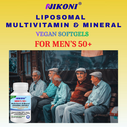 Nikoni Men's 50+ Liposomal Multivitamin and Mineral Vegan Softgels for Enhanced Absorption 90 Count
