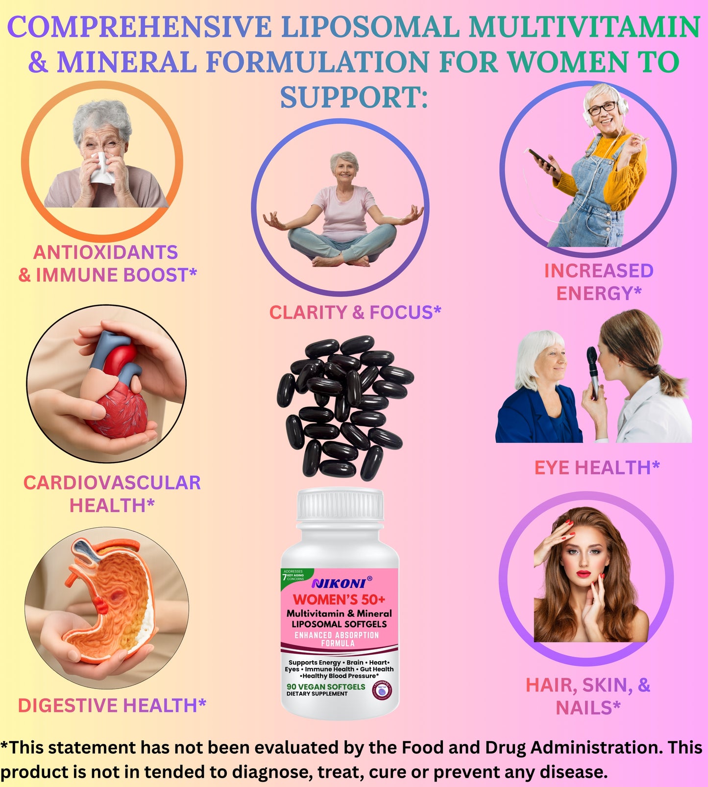 Nikoni Women's 50+ Multivitamin and Mineral Liposomal Vegan Softgels Enhanced Absorption Formula 90 Count