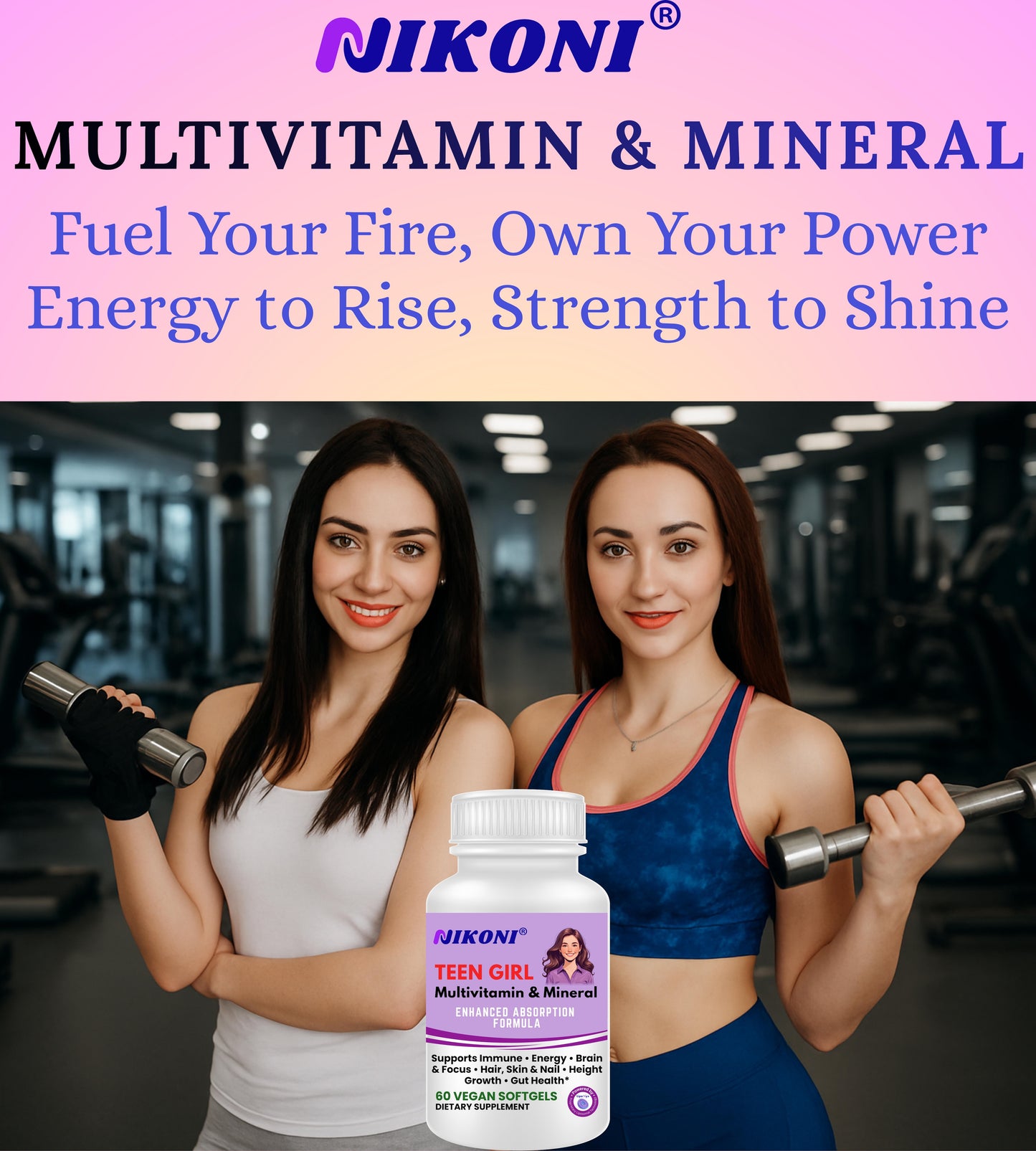 Nikoni® Teen Girl Multivitamin & Mineral -Enhanced Absorption Formula – 60 Vegan Softgels