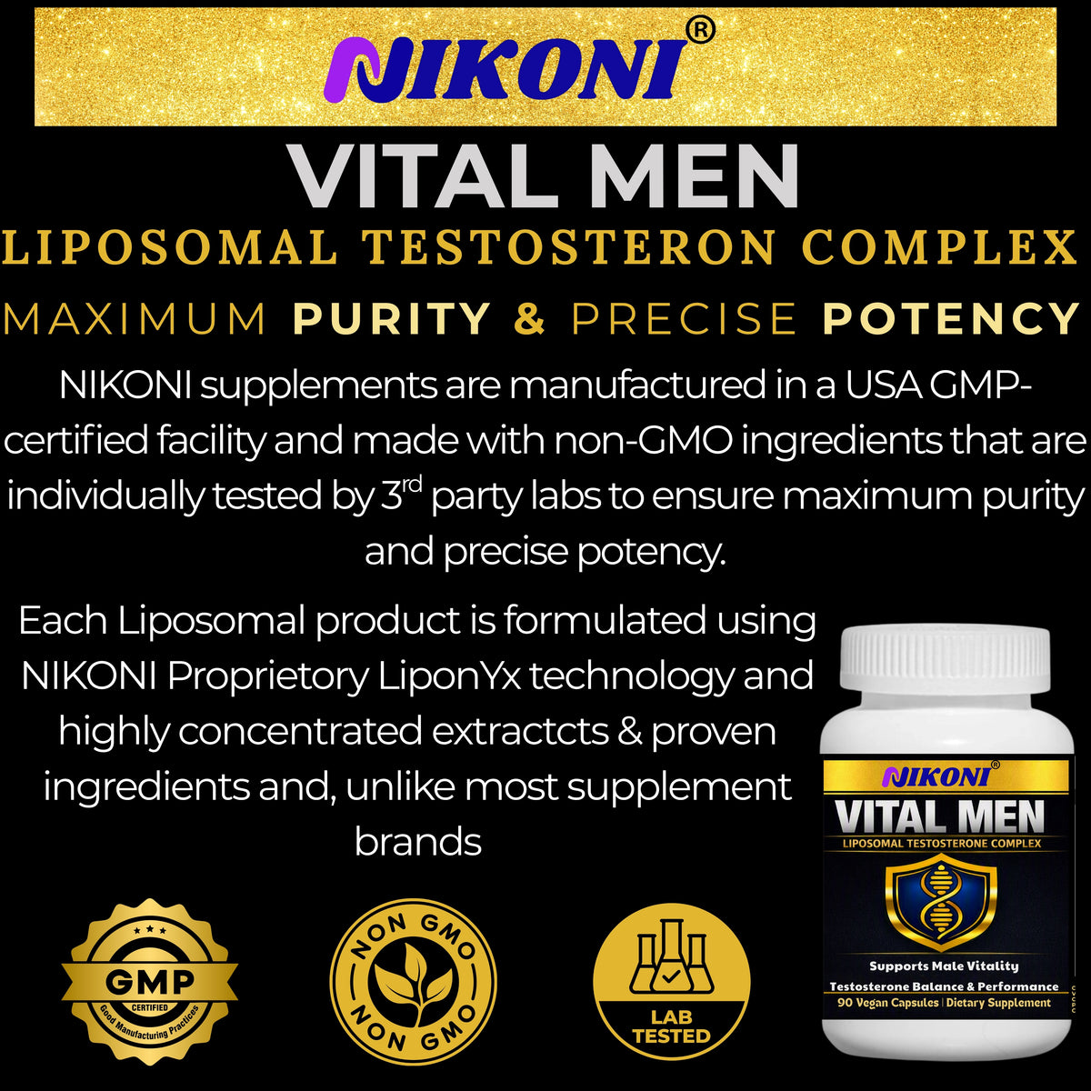 NIKONI Vital Men – Liposomal Testosterone Complex | Healthy Testosterone, Drive & Libido, Energy, Stamina, Focus | 90 Vegan Capsules