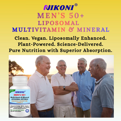 Nikoni Men's 50+ Liposomal Multivitamin and Mineral Vegan Softgels for Enhanced Absorption 90 Count