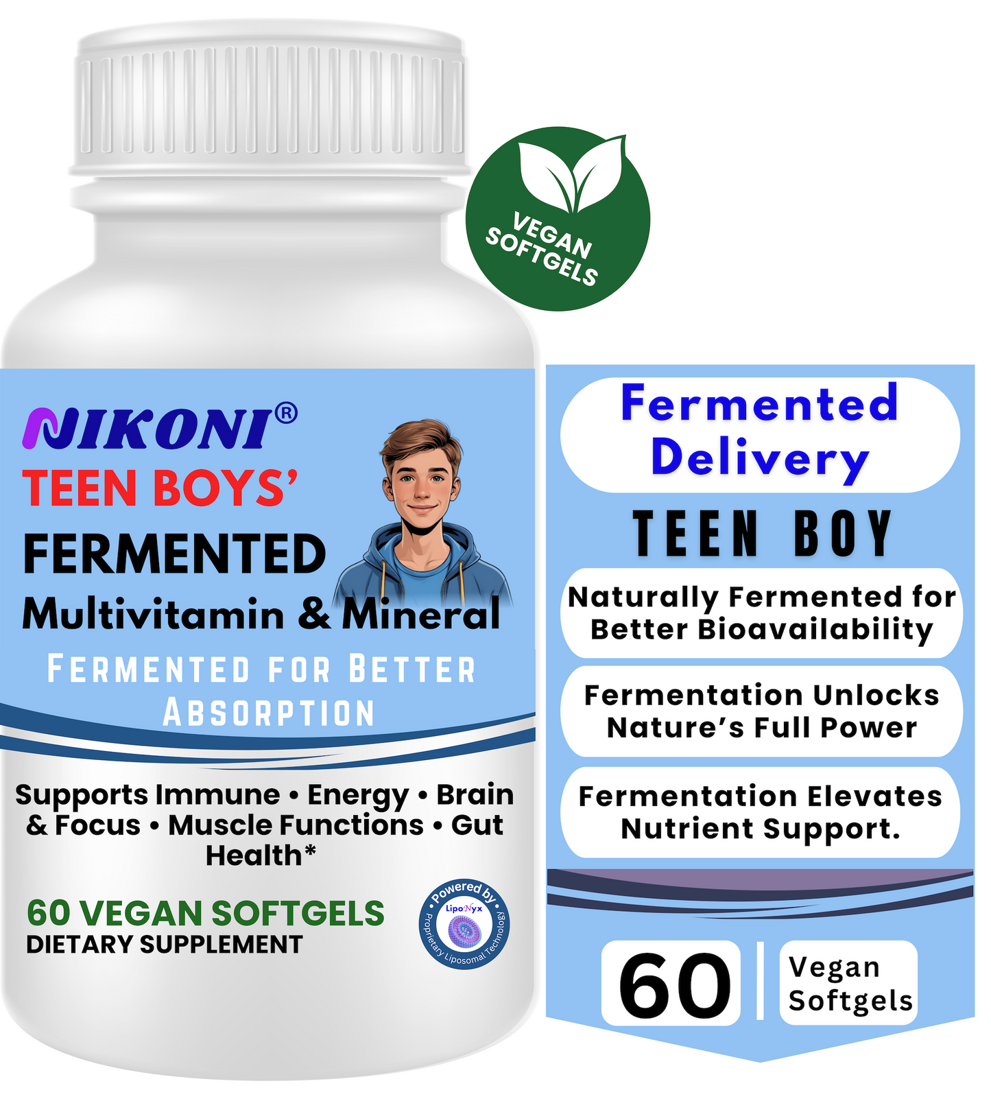 Nikoni Teen Boys Fermented Multivitamin and Mineral Vegan Softgels for Better Absorption 60 Count
