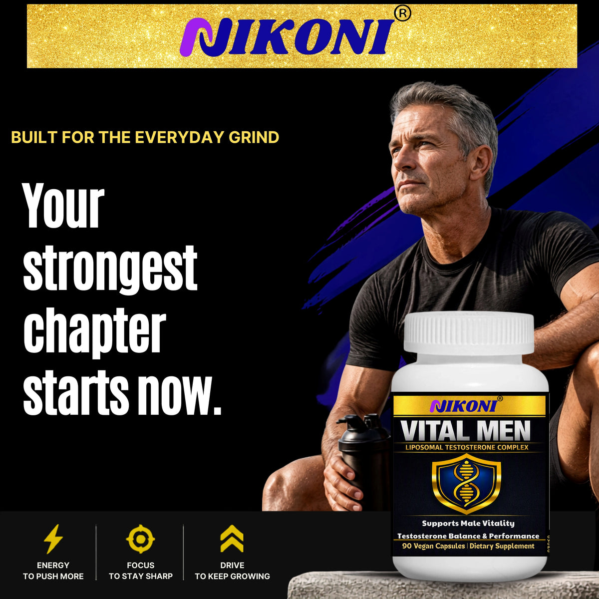 NIKONI Vital Men – Liposomal Testosterone Complex | Healthy Testosterone, Drive & Libido, Energy, Stamina, Focus | 90 Vegan Capsules