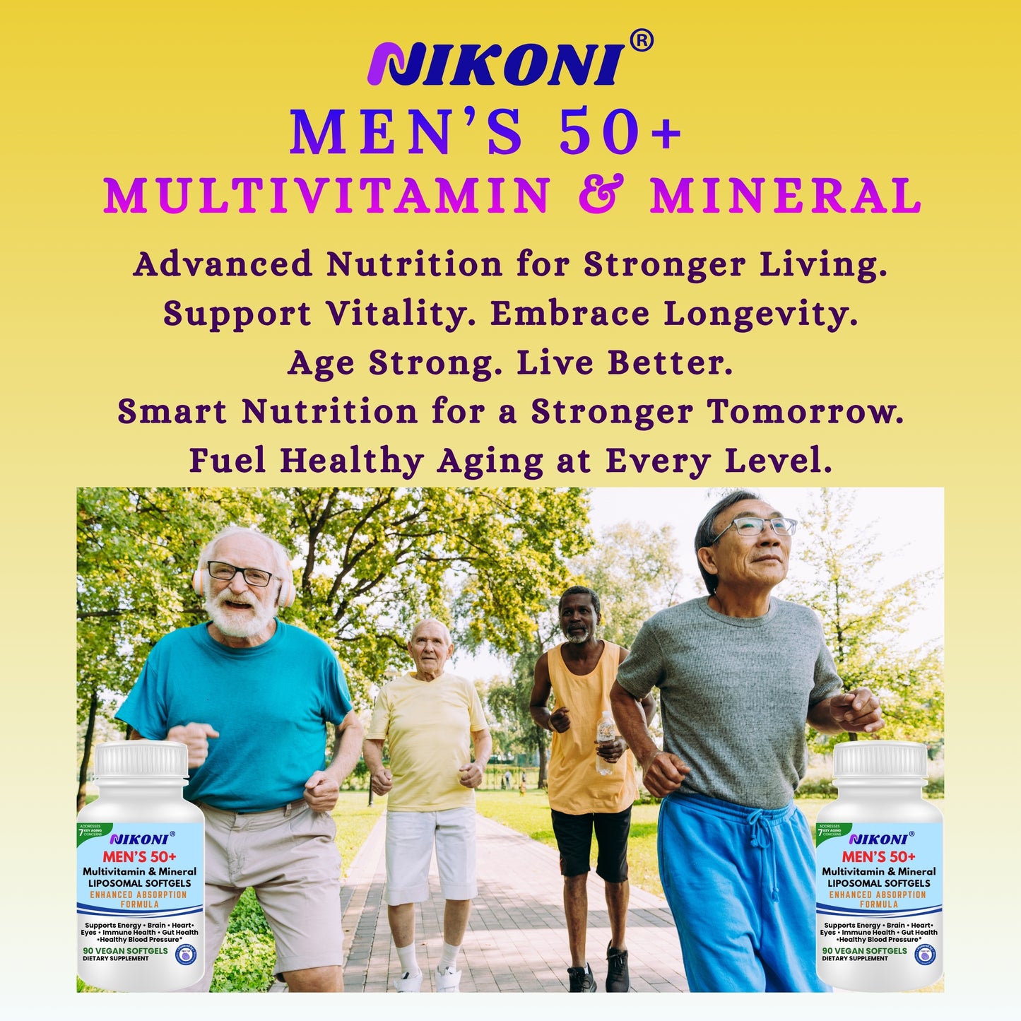 Nikoni Men's 50+ Liposomal Multivitamin and Mineral Vegan Softgels for Enhanced Absorption 90 Count