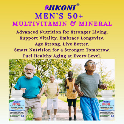 Nikoni Men's 50+ Liposomal Multivitamin and Mineral Vegan Softgels for Enhanced Absorption 90 Count