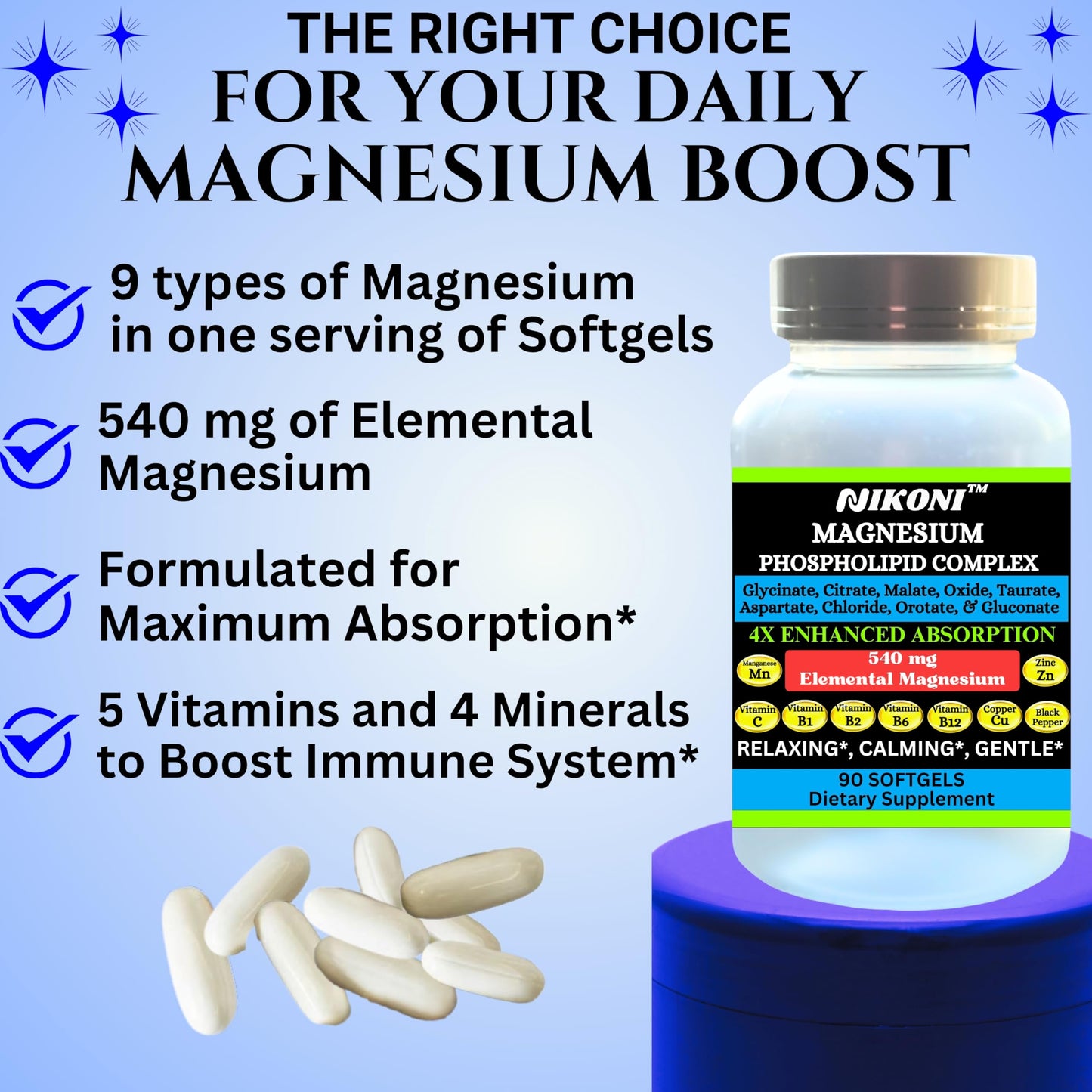 Nikoni Phospholipid Magnesium Complex 2500mg (9 Magnesium Salts, 5 Vitamins & 3 Minerals) Softgels