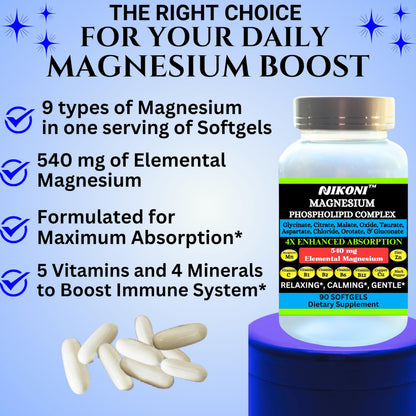 Nikoni Phospholipid Magnesium Complex 2500mg (9 Magnesium Salts, 5 Vitamins & 3 Minerals) Softgels