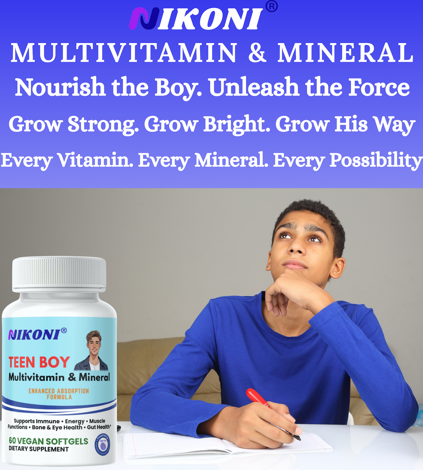 Nikoni® Teen Boy Multivitamin & Mineral – Enhanced Absorption Formula – 60 Vegan Softgels