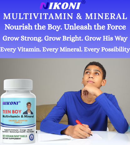Nikoni® Teen Boy Multivitamin & Mineral – Enhanced Absorption Formula – 60 Vegan Softgels