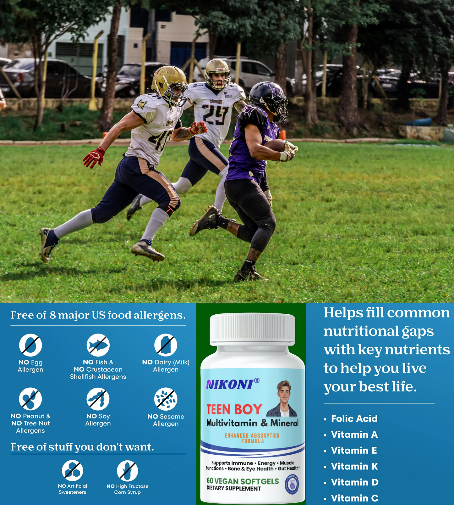 Nikoni® Teen Boy Multivitamin & Mineral – Enhanced Absorption Formula – 60 Vegan Softgels