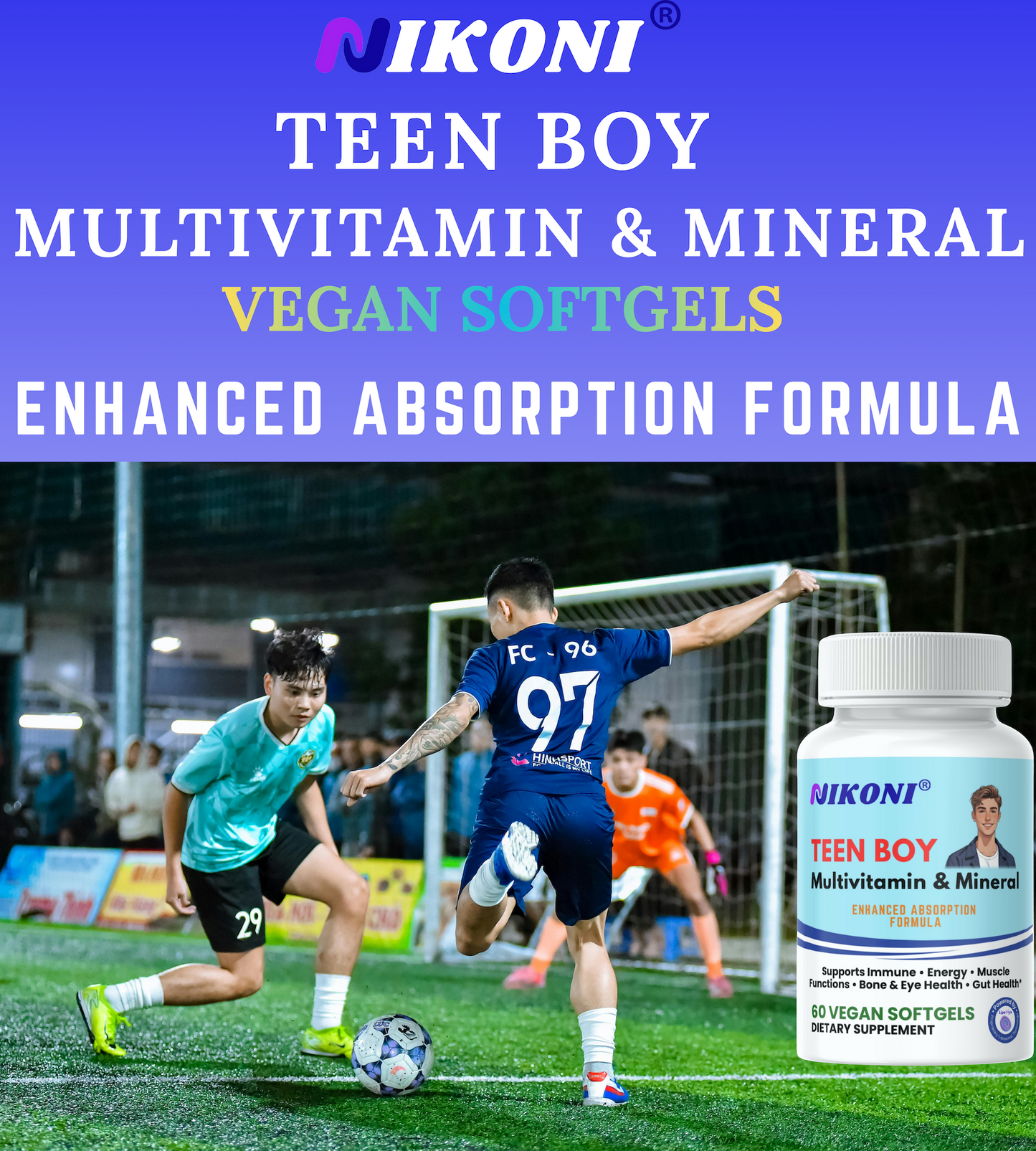 Nikoni® Teen Boy Multivitamin & Mineral – Enhanced Absorption Formula – 60 Vegan Softgels