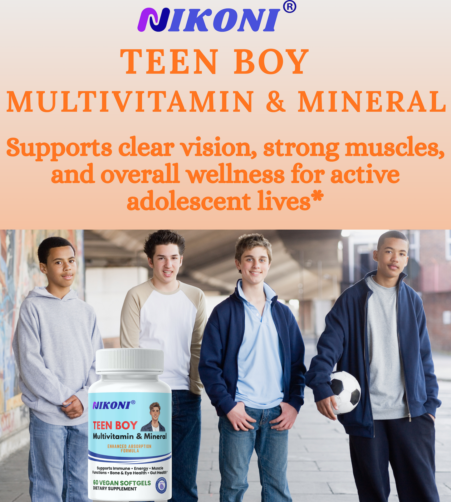 Nikoni® Teen Boy Multivitamin & Mineral – Enhanced Absorption Formula – 60 Vegan Softgels