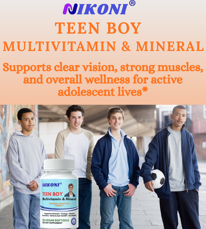 Nikoni® Teen Boy Multivitamin & Mineral – Enhanced Absorption Formula – 60 Vegan Softgels