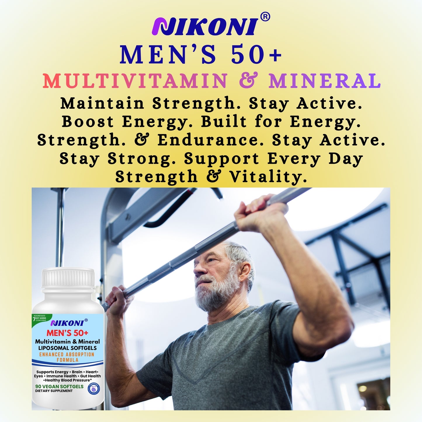 Nikoni Men's 50+ Liposomal Multivitamin and Mineral Vegan Softgels for Enhanced Absorption 90 Count