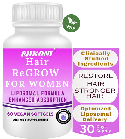 Nikoni Hair ReGROW Women's Liposomal Formula, Biotin, Keratin, Saw Palmetto and Botanical Essentials, Vegan, Gluten-Free, 60 Softgels
