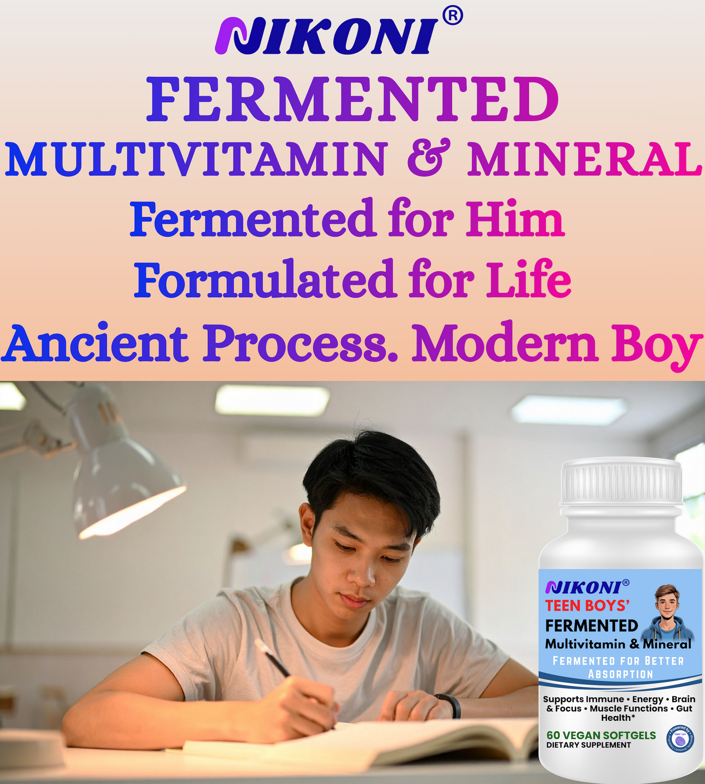 Nikoni Teen Boys Fermented Multivitamin and Mineral Vegan Softgels for Better Absorption 60 Count