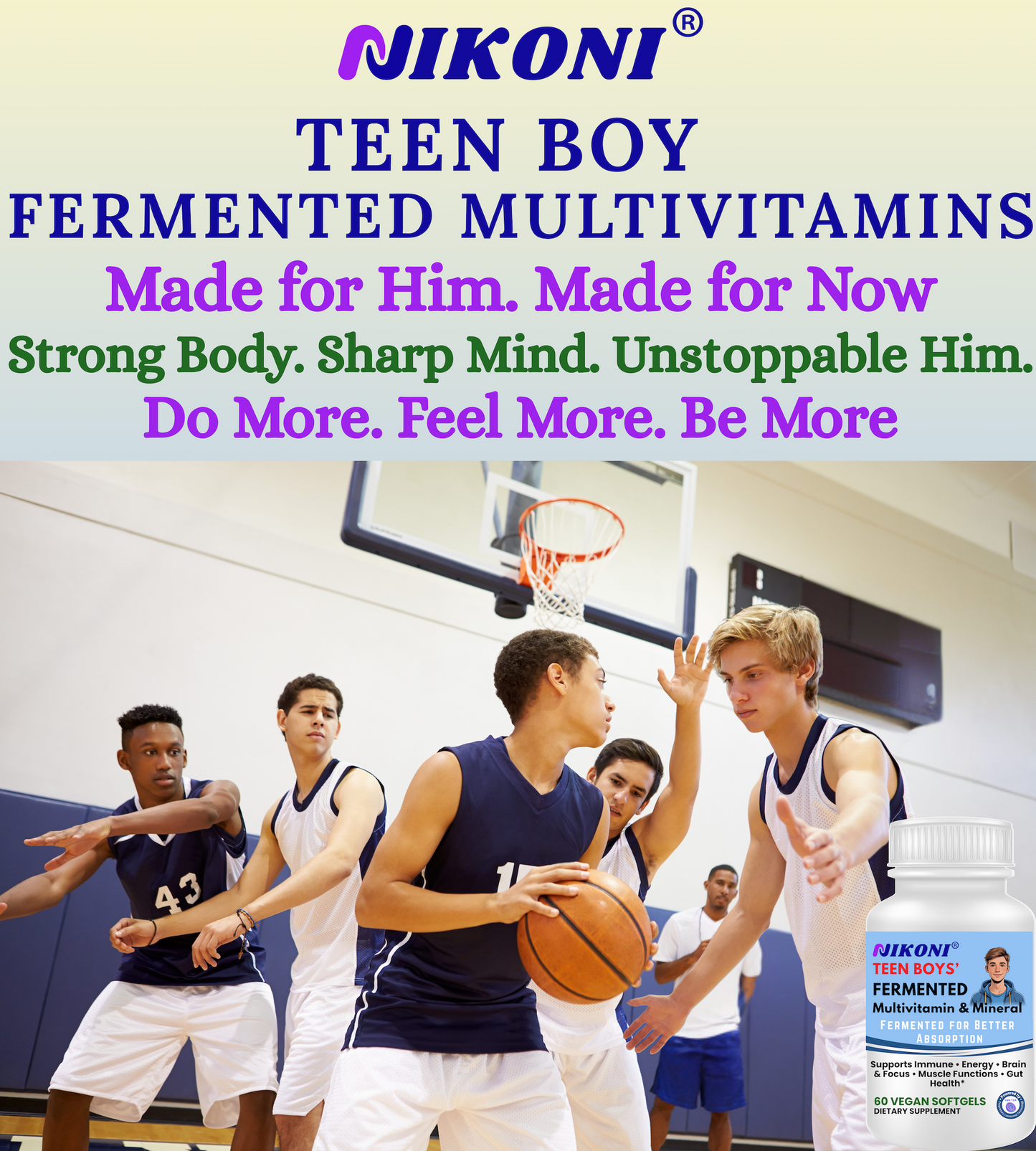 Nikoni Teen Boys Fermented Multivitamin and Mineral Vegan Softgels for Better Absorption 60 Count