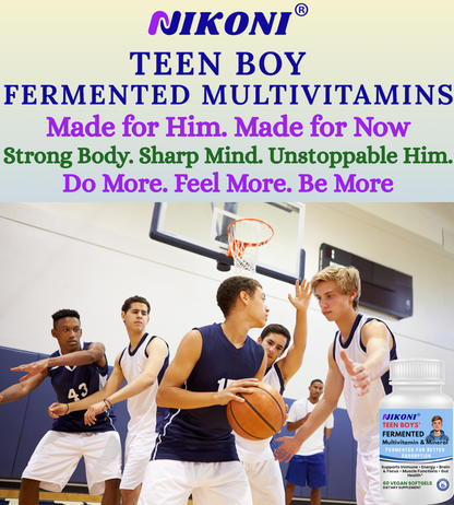 Nikoni Teen Boys Fermented Multivitamin and Mineral Vegan Softgels for Better Absorption 60 Count