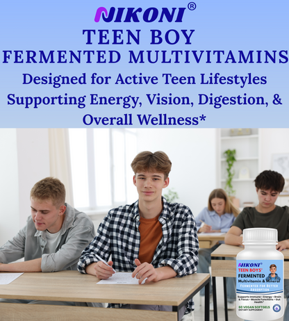 Nikoni Teen Boys Fermented Multivitamin and Mineral Vegan Softgels for Better Absorption 60 Count