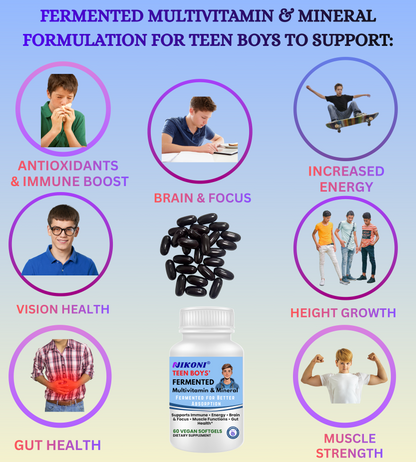 Nikoni Teen Boys Fermented Multivitamin and Mineral Vegan Softgels for Better Absorption 60 Count