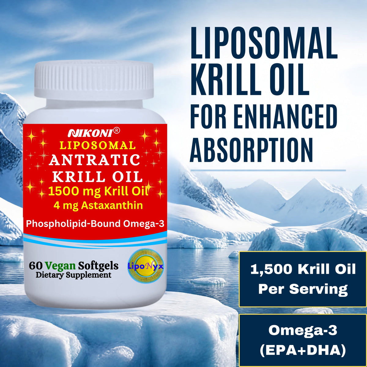 Nikoni Liposomal Antarctic Krill Oil 1500 mg, 4 mg Astaxanthin, Phospholipid Bound Omega 3, 60 Vegan Softgels
