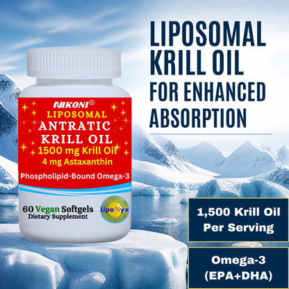 Nikoni Liposomal Antarctic Krill Oil 1500 mg, 4 mg Astaxanthin, Phospholipid Bound Omega 3, 60 Vegan Softgels