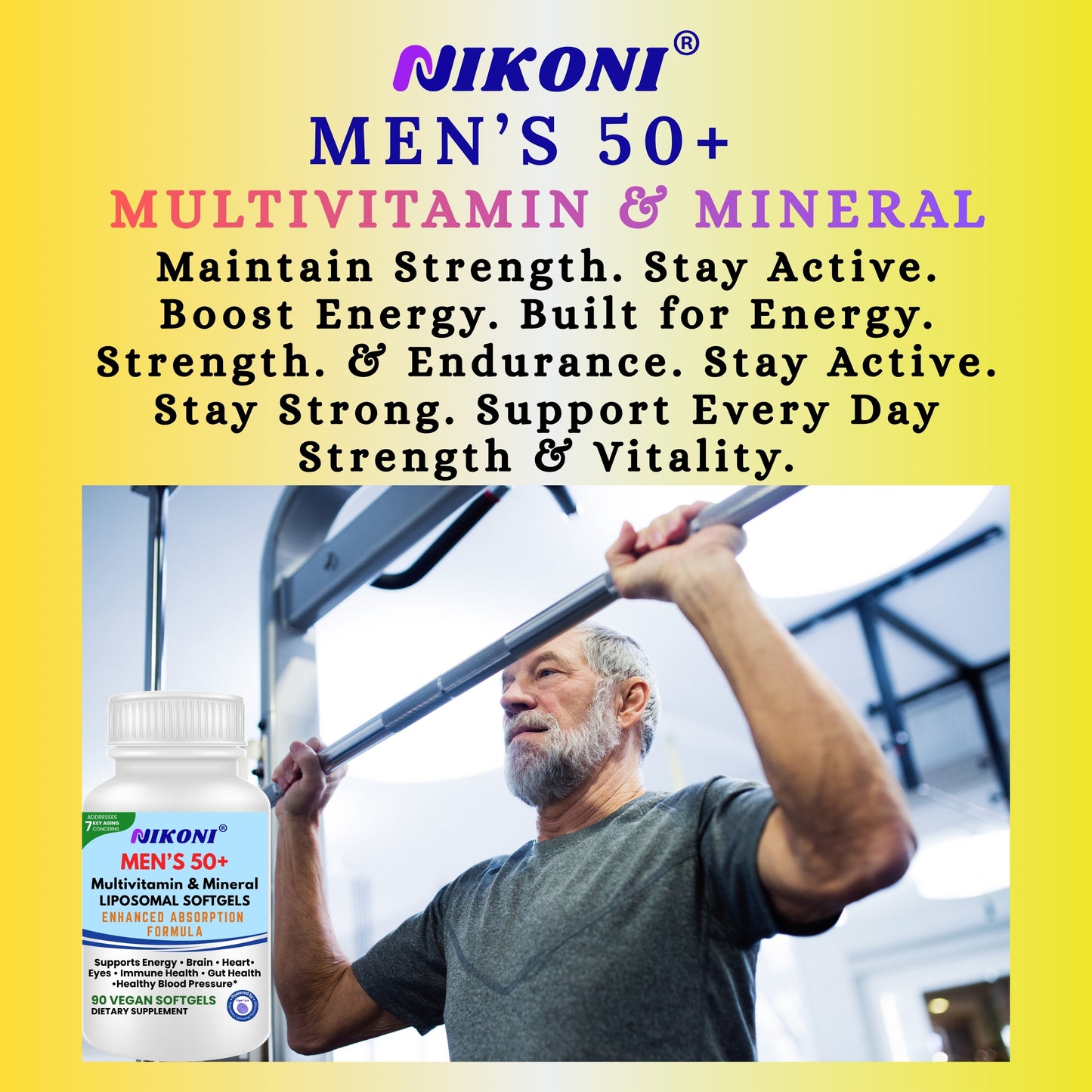 Nikoni Men's 50+ Liposomal Multivitamin and Mineral Vegan Softgels for Enhanced Absorption 90 Count
