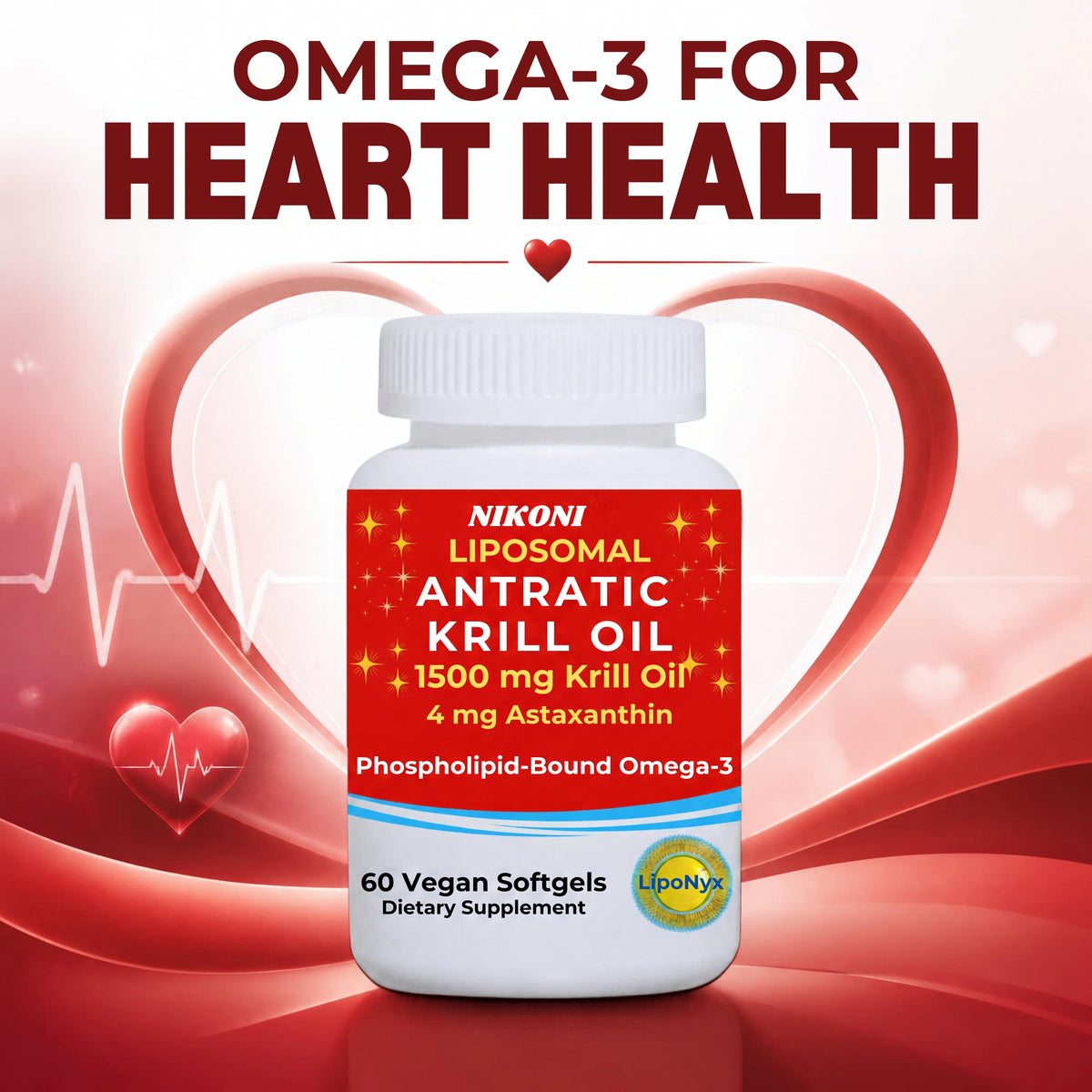 Nikoni Liposomal Antarctic Krill Oil 1500 mg, 4 mg Astaxanthin, Phospholipid Bound Omega 3, 60 Vegan Softgels