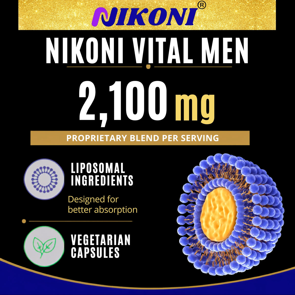 NIKONI Vital Men – Liposomal Testosterone Complex | Healthy Testosterone, Drive & Libido, Energy, Stamina, Focus | 90 Vegan Capsules