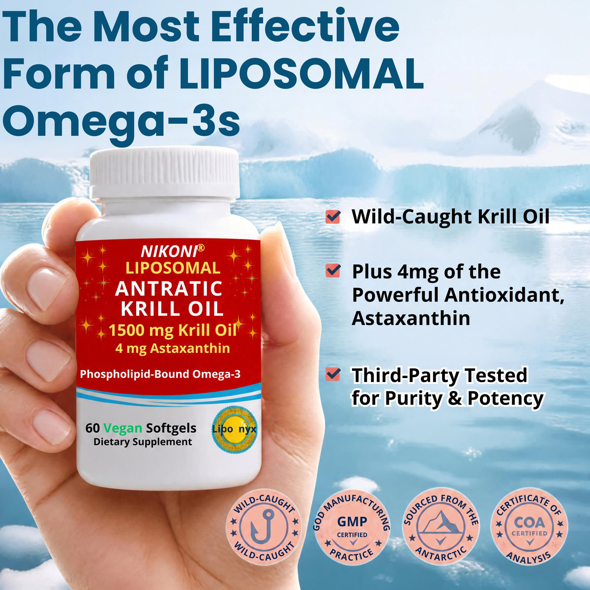 Nikoni Liposomal Antarctic Krill Oil 1500 mg, 4 mg Astaxanthin, Phospholipid Bound Omega 3, 60 Vegan Softgels