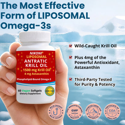 Nikoni Liposomal Antarctic Krill Oil 1500 mg, 4 mg Astaxanthin, Phospholipid Bound Omega 3, 60 Vegan Softgels