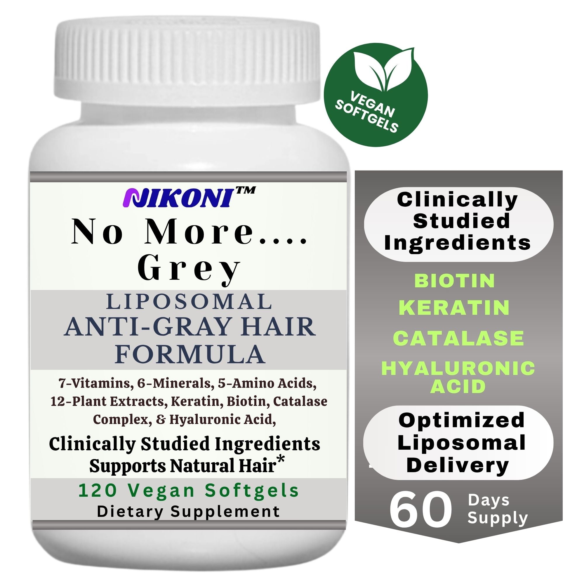 Nikoni Liposomal Anti Gray Hair Formula – 7 Vitamins, 6 Minerals, 5 Am ...