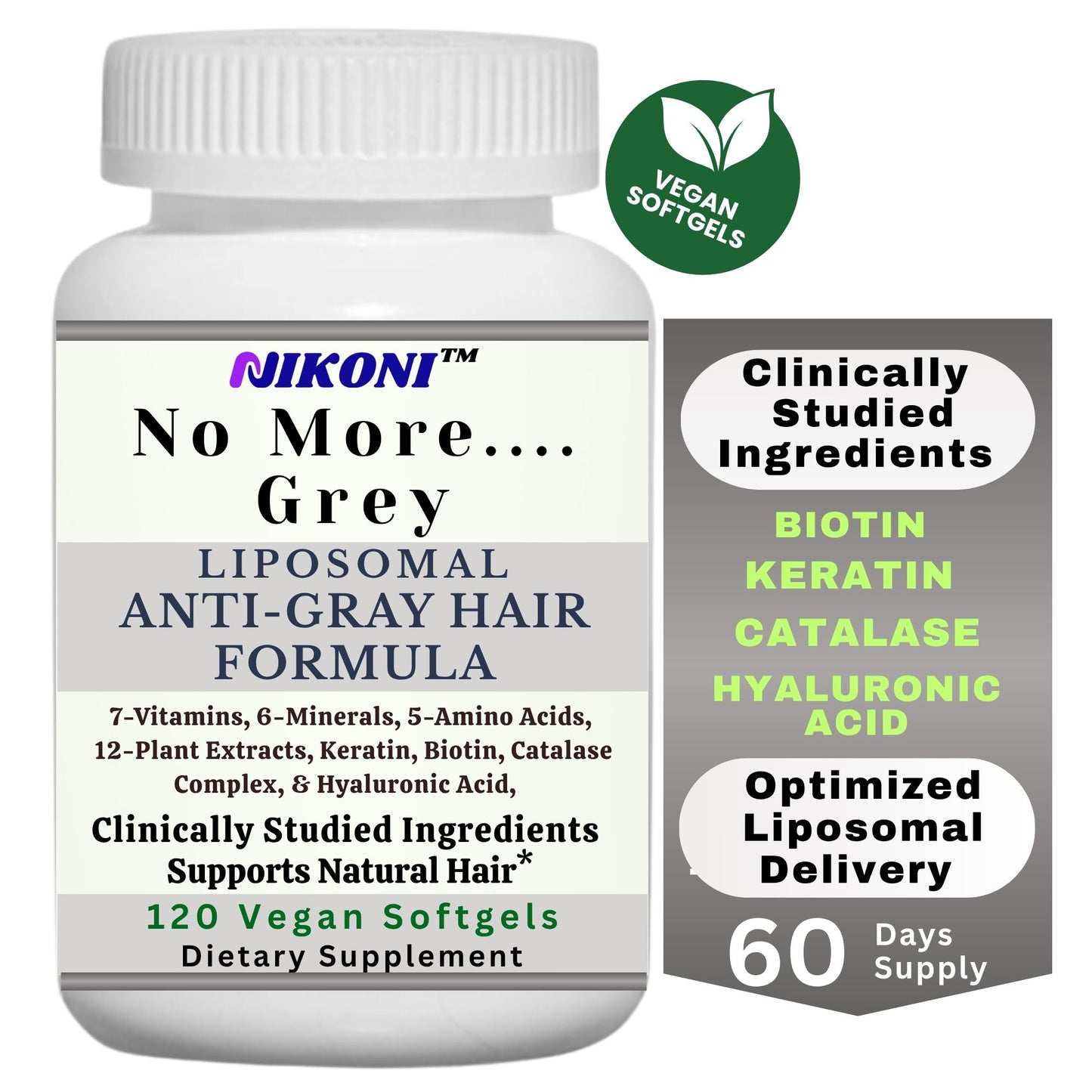 Nikoni Liposomal Anti Gray Hair Formula – 7 Vitamins, 6 Minerals, 5 Amino Acids & 12 Plant Extracts, for Healthy Hair Maintenance– 120 Vegan Softgels