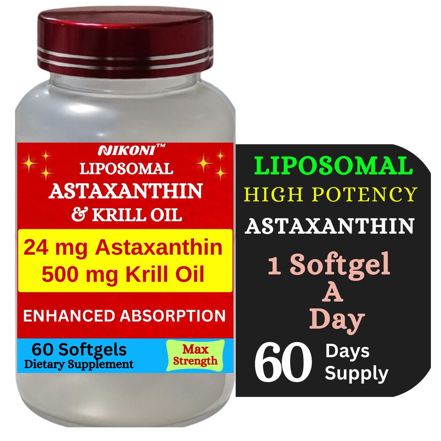 Nikoni Liposomal Astaxanthin 24mg with 500mg Krill Oil for Men & Women