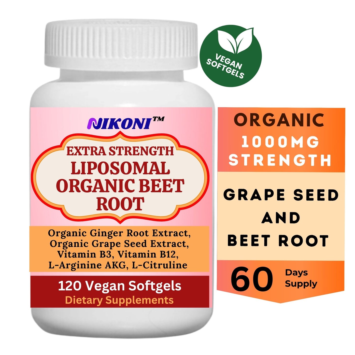 Nikoni Organic Liposomal Beet Root  Vegan Softgels, 1000 mg for Circulatory Support