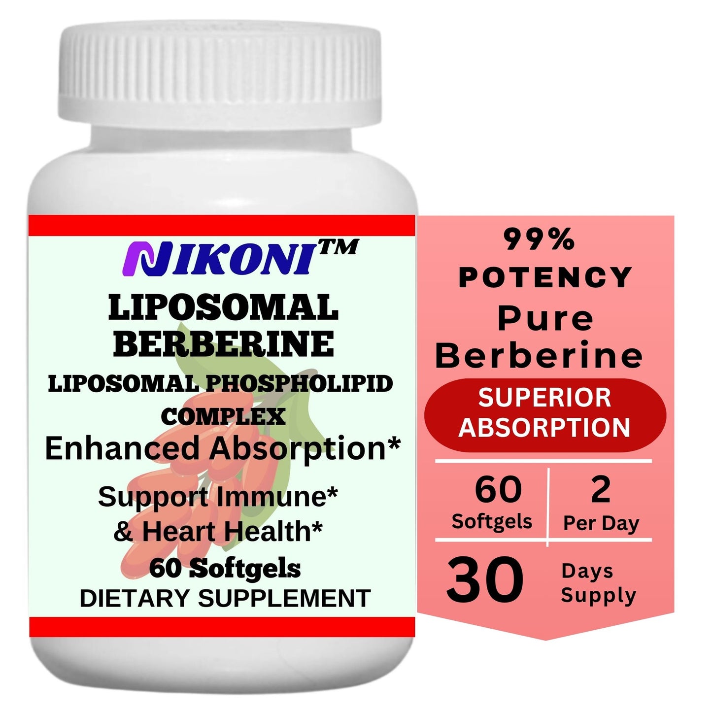 Nikoni Liposomal Berberine 500 mg Support Heart Health & Cholesterol 60 Softgels