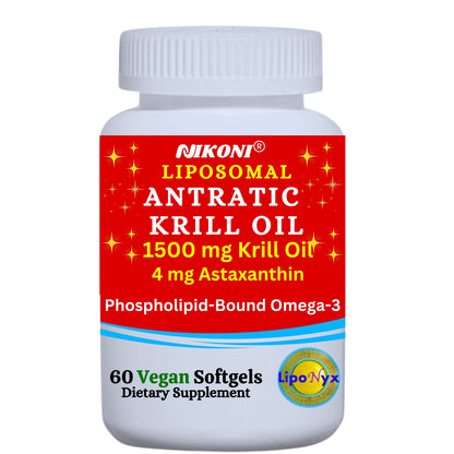 Nikoni Liposomal Antarctic Krill Oil 1500 mg, 4 mg Astaxanthin, Phospholipid Bound Omega 3, 60 Vegan Softgels
