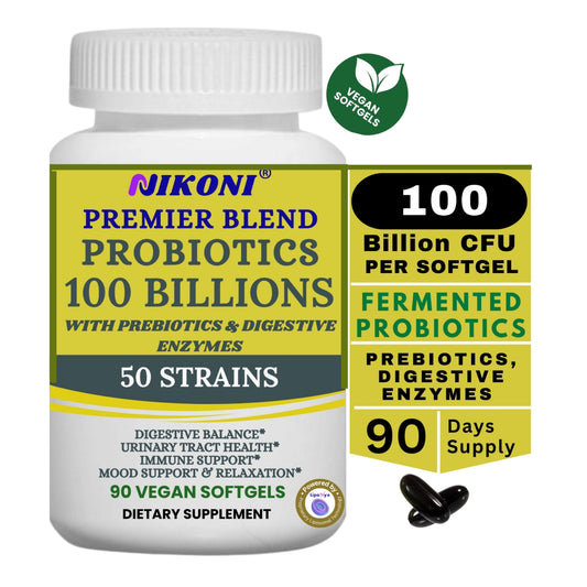 Nikoni Fermented Probiotics 100 Billion CFU, 50 Strains with Prebiotics & Digestive Enzymes, 90 Vegan Softgels