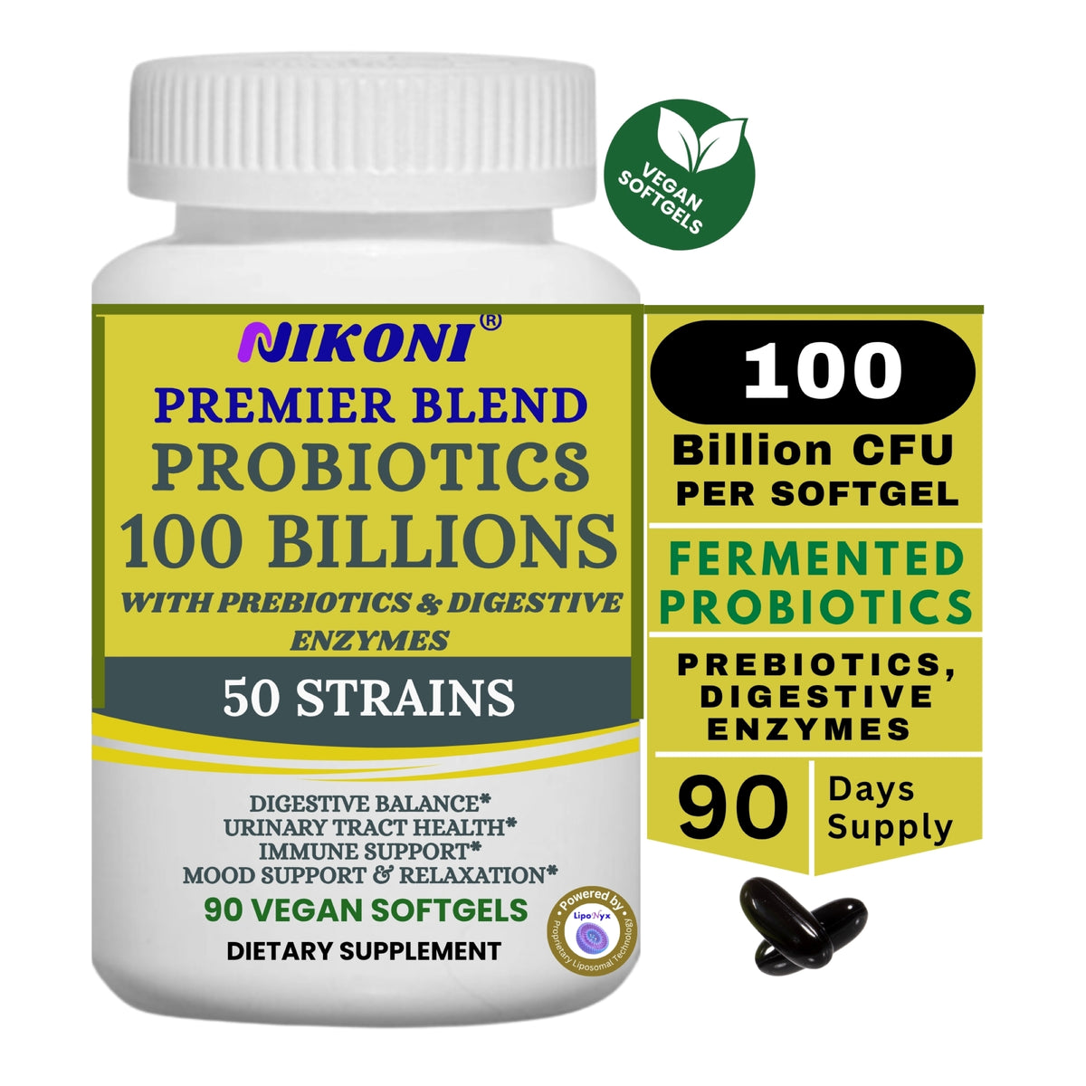 Nikoni Fermented Probiotics 100 Billion CFU, 50 Strains with Prebiotics & Digestive Enzymes, 90 Vegan Softgels