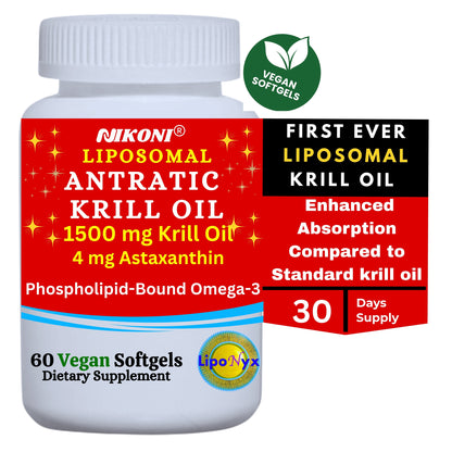 Nikoni Liposomal Antarctic Krill Oil 1500 mg, 4 mg Astaxanthin, Phospholipid Bound Omega 3, 60 Vegan Softgels