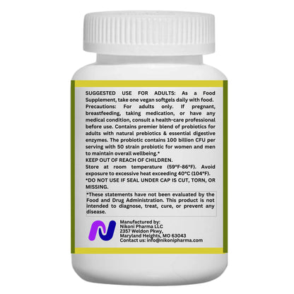 Nikoni Fermented Probiotics 100 Billion CFU, 50 Strains with Prebiotics & Digestive Enzymes, 90 Vegan Softgels